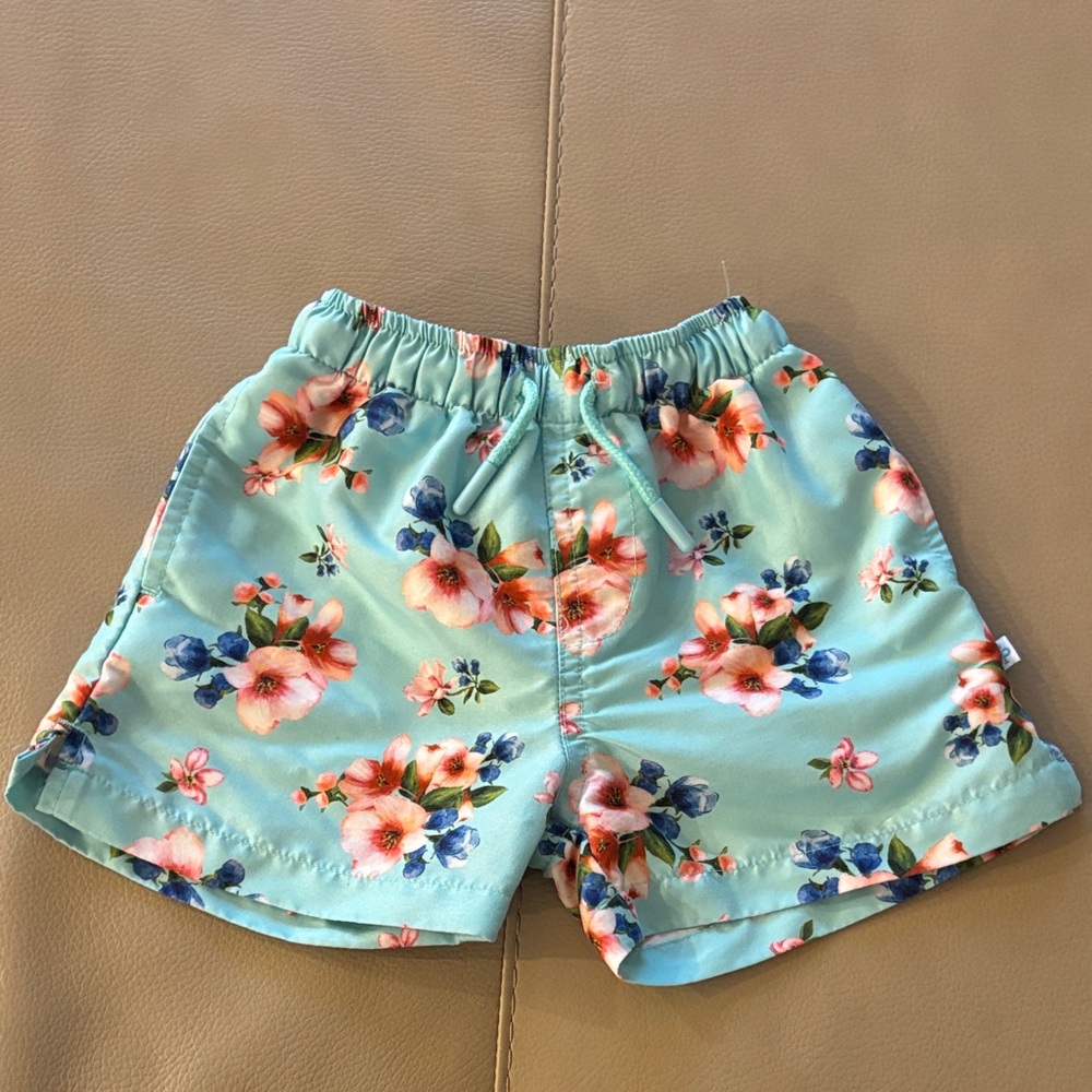 Posh Peanut Floral Kids Swim Trunks - Aqua and Pink